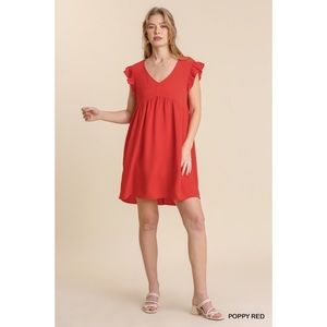 Umgee V-Neck Ruffle Sleeve Dress, Poppy Red